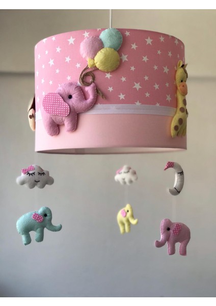 Minik Pembe Yıldızlı Karısık Hayvan Figürlü Mint Pembe Sarı Renkli Bebek Çocuk Odası Tasarım Avize Aydınaltma