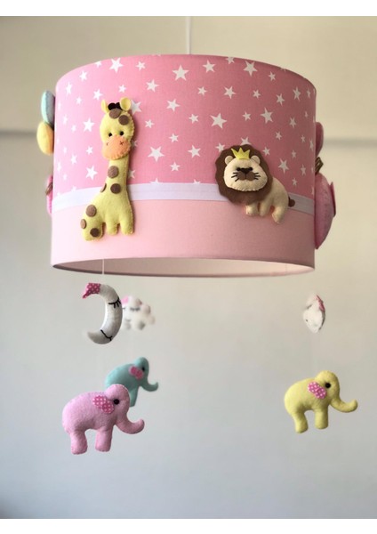 Minik Pembe Yıldızlı Karısık Hayvan Figürlü Mint Pembe Sarı Renkli Bebek Çocuk Odası Tasarım Avize Aydınaltma