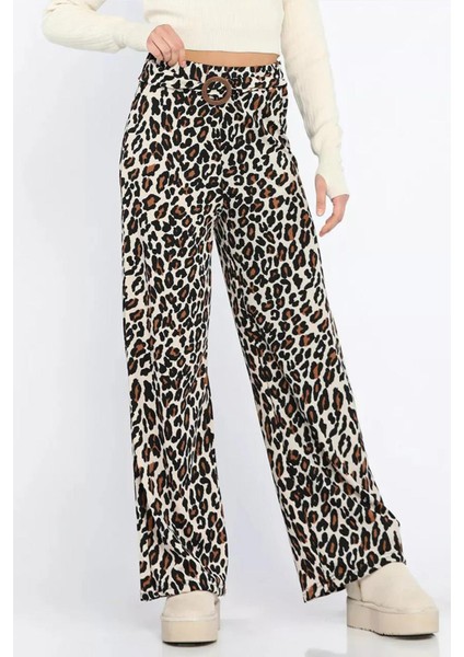 Kadın Leopar Beli Lastikli Tokalı Leopar Pantolon