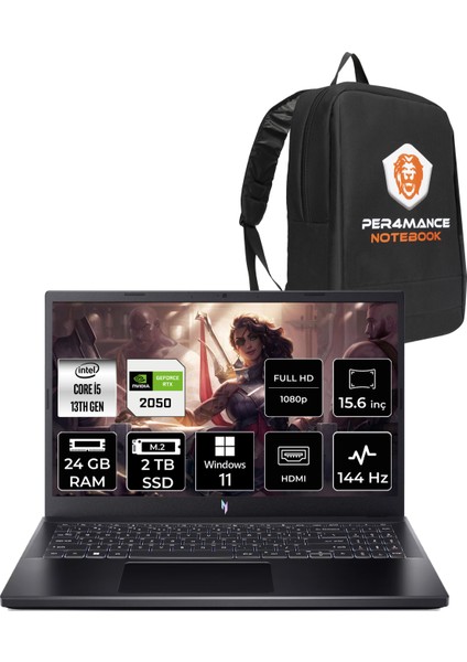 Nitro V 15 Intel Core I5 13420H 24GB 2tb SSD RTX2050/4GB 15.6" Fhd 144Hz W11P Taşınabilir Bilgisayar & Per4 Çanta NHQNDEY002P354