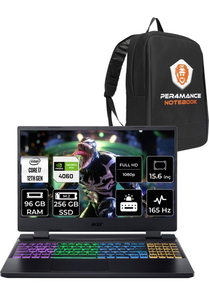 Nitro 5 Intel Core I7 12650H 96GB 256GB SSD RTX4060/8GB 15.6" Fhd 165Hz Fdos Taşınabilir Bilgisayar & Per4 Çanta NHQM0EY00BP336