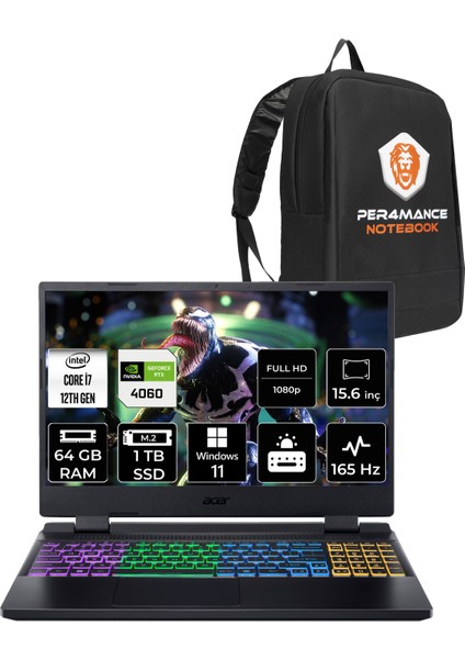 Nitro 5 Intel Core I7 12650H 64GB 1tb SSD RTX4060/8GB 15.6" Fhd 165Hz W11H Taşınabilir Bilgisayar & Per4 Çanta NHQM0EY00BP373