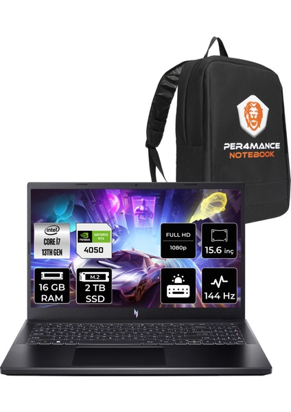 Nitro V 15 Intel Core I7 13620H 16GB 2tb SSD RTX4050/6GB 15.6" Fhd 144Hz Fdos Taşınabilir Bilgisayar & Per4 Çanta NHQNBEY005P309