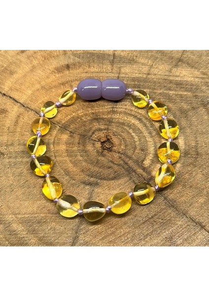 Damla Kehribar Barok Kesim Limon Renk Bebek Bileklik Lila Klips ve Ipli