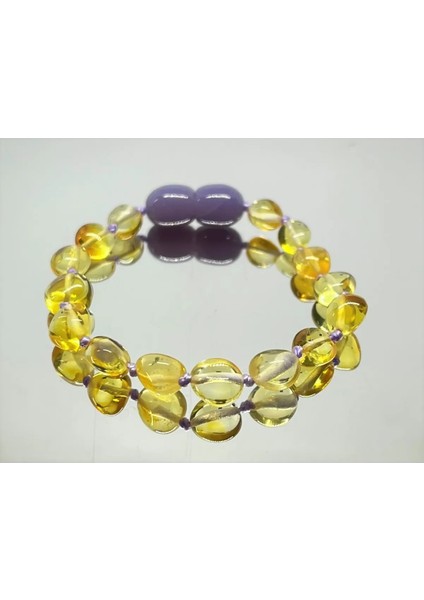 Damla Kehribar Barok Kesim Limon Renk Bebek Bileklik Lila Klips ve Ipli modelleri