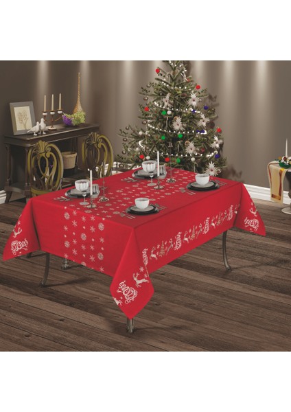 Dolce Gardenya Nakışlı Yılbaşı Kırmızı Masa Örtüsü