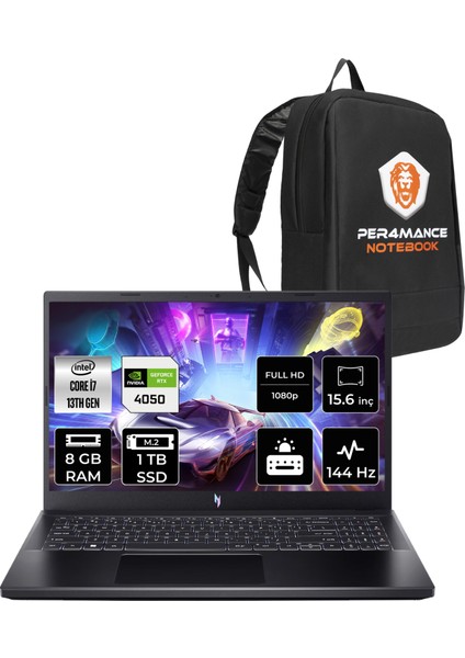 Nitro V 15 Intel Core I7 13620H 8gb 1tb SSD RTX4050/6GB 15.6" Fhd 144Hz Fdos Taşınabilir Bilgisayar & Per4 Çanta NHQNBEY005P303