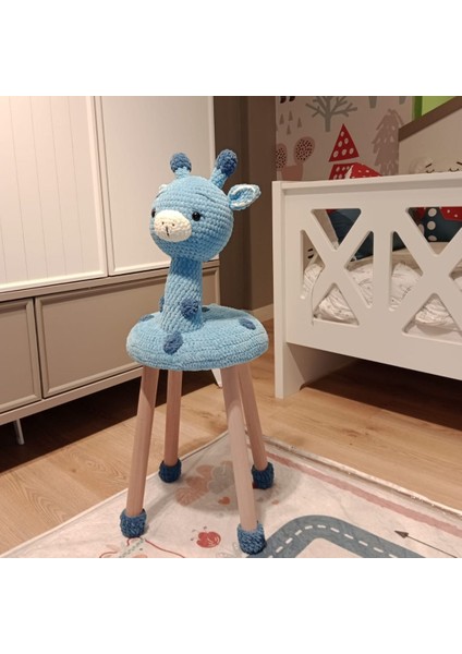 Hayvan Figürlü Ahşap Amigurumi Çocuk Taburesi Mavi Zürafa