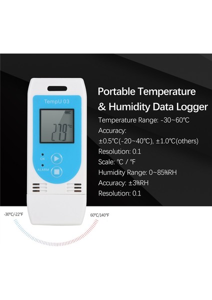 Tempu 03 USB Tekrar Kullanılabilir Rh Temp Veri Kaydedici Nem Kayıt Ölçer (Yurt Dışından)