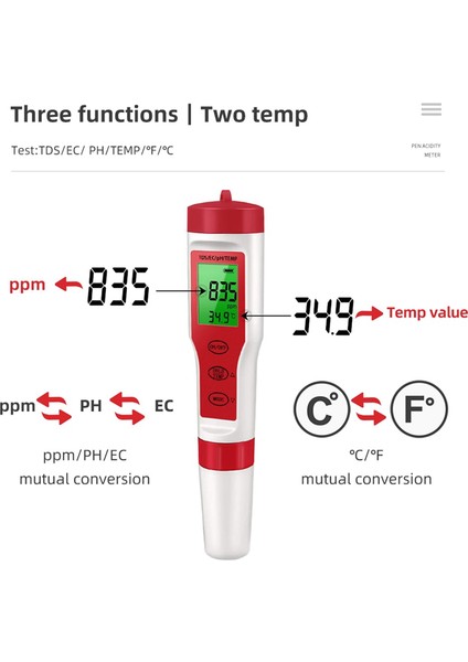 4'ü 1 Arada Dijital Su Kalitesi Test Cihazı Ph/tds/ec/sıcaklık Ölçer (Yurt Dışından)