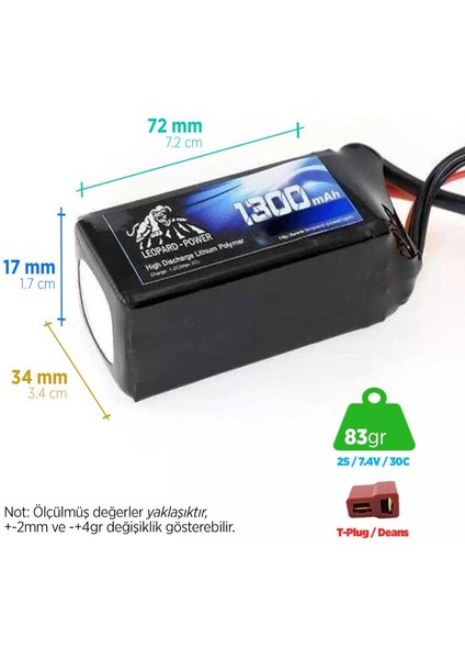 1300 mAh 7.4V 2S 30C Lityum Polimer Lipo Batarya Pil T Plug