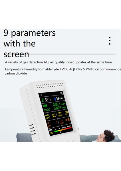 9'u 1 Arada Hava Kalitesi Dedektörü LCD Ekran Pm2.5 PM10 Hcho Tvoc Siyah (Yurt Dışından) indirimleri