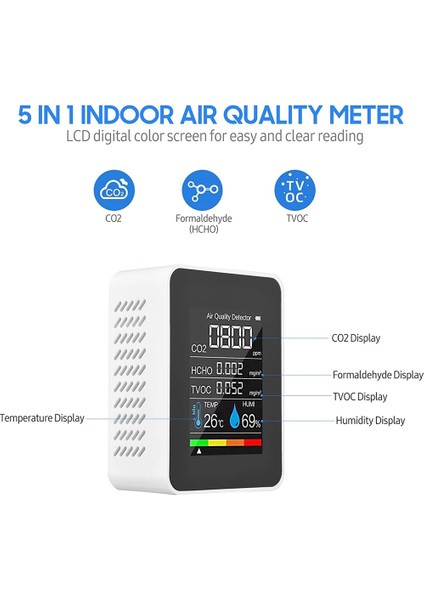 5'i 1 Arada Hava Kalitesi Monitörü, USB Şarj Edilebilir Co2 Dedektörü Beyaz (Yurt Dışından)