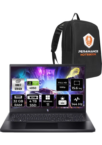 Nitro V 15 Intel Core I7 13620H 32GB 4tb SSD RTX4050/6GB 15.6" Fhd 144Hz W11H Taşınabilir Bilgisayar & Per4 Çanta NHQNBEY005P360