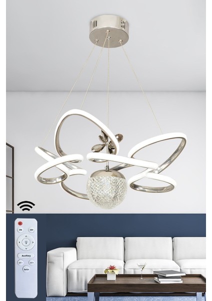 Modern 3 Renk Kumandalı Krom Gümüş Büyük Boy Salon Avize Toplu LED Avize