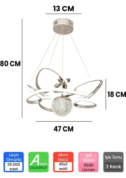 Modern 3 Renk Kumandalı Krom Gümüş Büyük Boy Salon Avize Toplu LED Avize