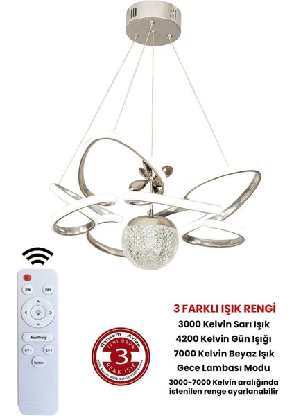 Modern 3 Renk Kumandalı Krom Gümüş Büyük Boy Salon Avize Toplu LED Avize