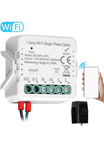 Tuya Wifi 80A Tek Fazlı Kelepçe Pv Çift Yönlü Enerji Ölçer, 1 Çete (Yurt Dışından)