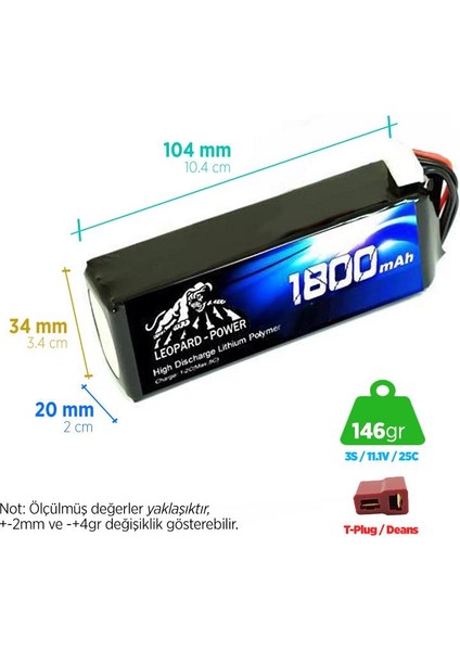 Leopard Power 1800 mAh 11.1V 3S 25C Lityum Polimer Lipo Batarya Pil T Plug