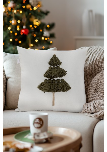 Charm Özel Püskül Dikiş Çam Ağacı Motifli Krem Kırlent 45 x 45 35258A