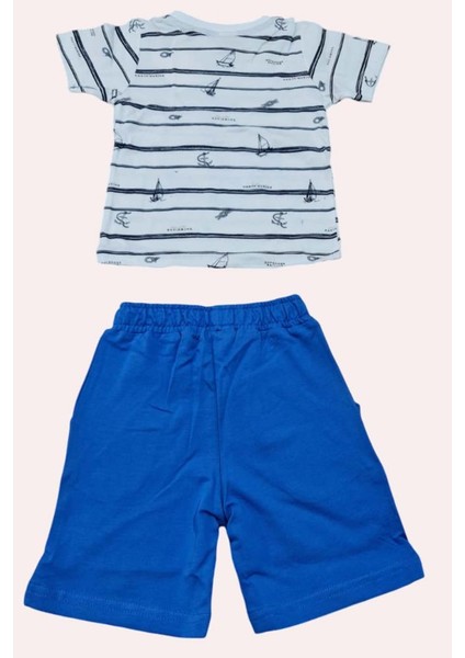 Erkek Bebek Çapa Baskılı Kısa Kol Çizgili Tişört Mavi Şortlu Takım fiyatları