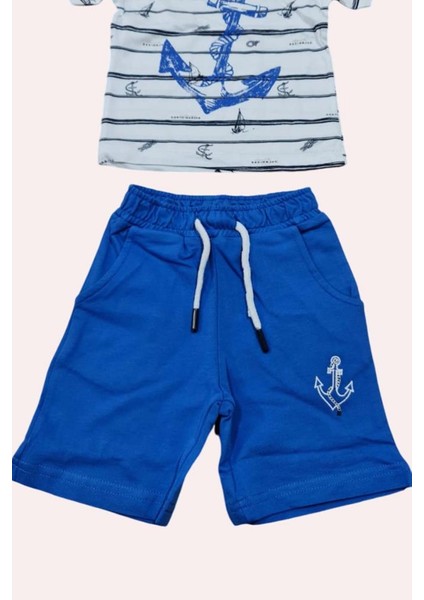 Erkek Bebek Çapa Baskılı Kısa Kol Çizgili Tişört Mavi Şortlu Takım fırsatları