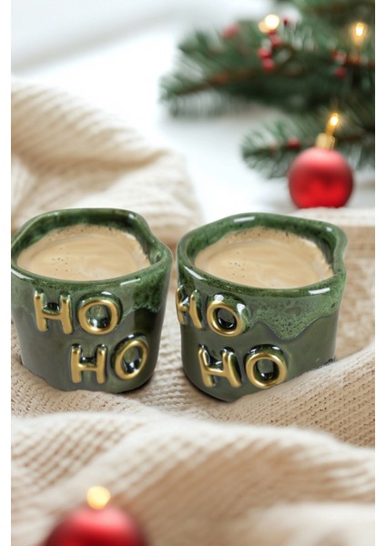 Gleam Yeşil Seramik El Yapımı Mug Fincan 2’li Set Altın Kaplama Ho-Ho Kabartmalı