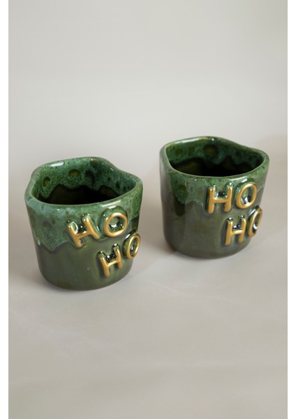 Gleam Yeşil Seramik El Yapımı Mug Fincan 2’li Set Altın Kaplama Ho-Ho Kabartmalı indirimleri