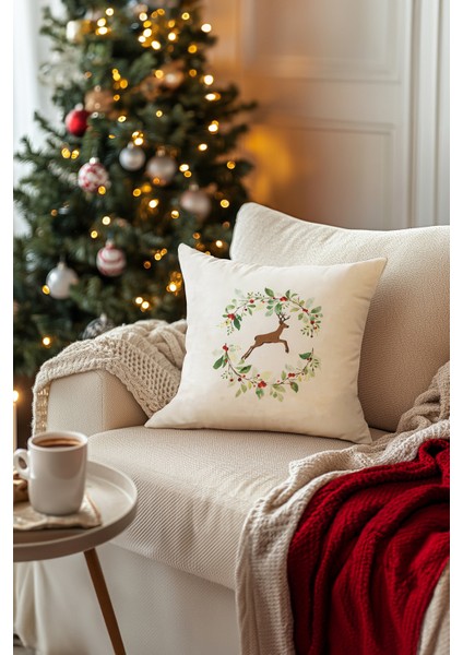Charm Renkli Geyik Baskılı Beyaz Kırlent 43X43 35257A