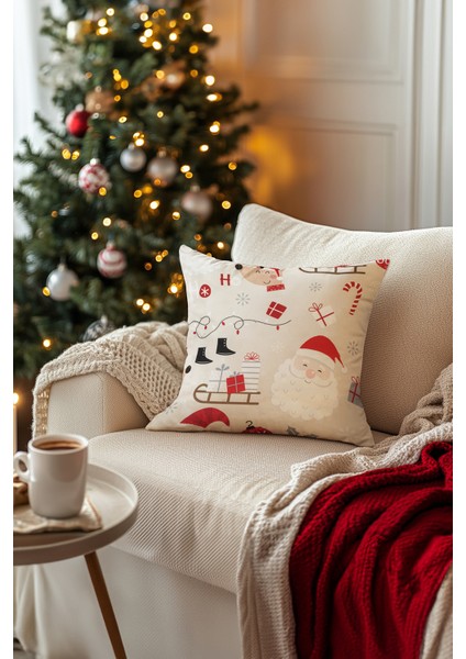 Charm Noel Temalı Özel Renkli Baskılı Bej Kırlent 43X43 35265A