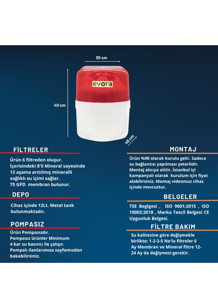 13 Aşamalı 12 Lt Kapalı Şeffaf Kasa Pompasız Su Arıtma Cihazı