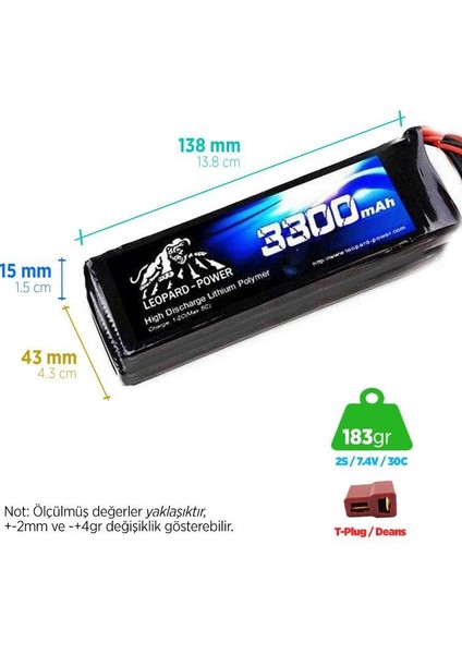 Leopard Power 3300MAH 7.4V 2s 30C Lityum Polimer Lipo Batarya Pil T Plug