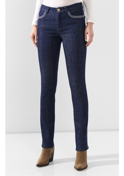 Şerit Detaylı Dar Kesim Lacivert Pamuklu Jean Pantolon fiyatları