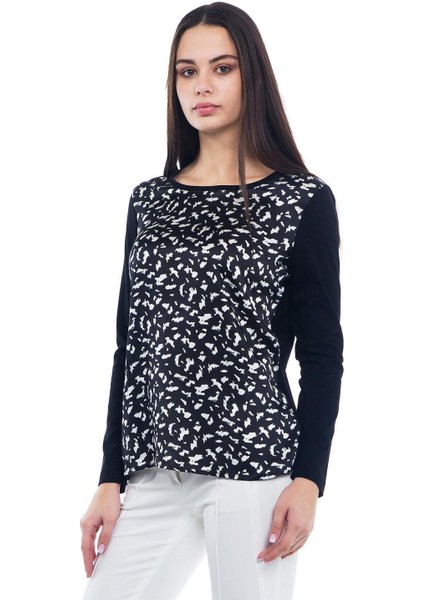 Desenli Bisiklet Yaka Uzun Kol Pamuk T-Shirt