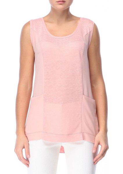 Sport Kürek Yaka Kolsuz Cep Detaylı Arkası Uzun Keten T-Shirt