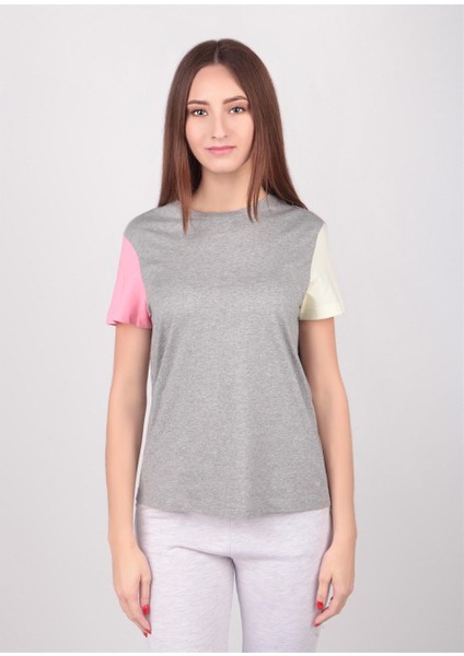 Sport Bisiklet Yaka Renkli Kol Gri Pamuk T-Shirt