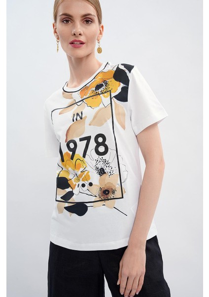 Sport Bisiklet Yaka Çiçek Baskılı Pamuk T-Shirt