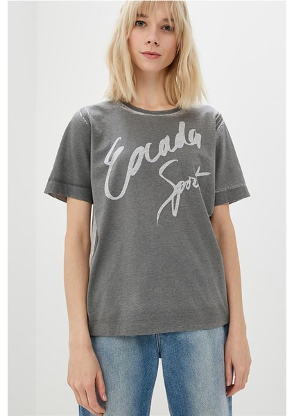 Sport Yazılı Bisiklet Yaka Gri Pamuk T-Shirt