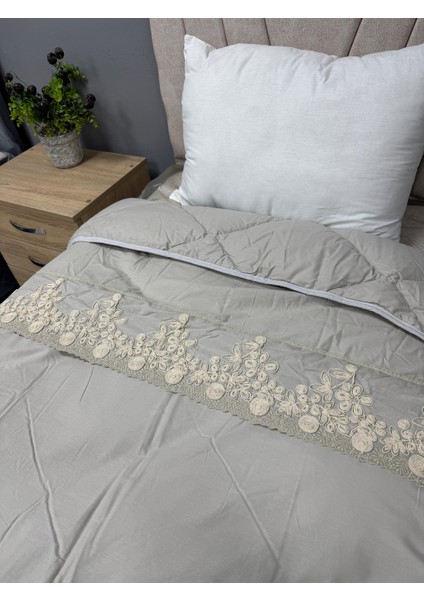 Pamuk Ranforce Çift Kişilik Yorgan Çift Taraflı Osela V6 Gri Düz Desenli Kapitoneli