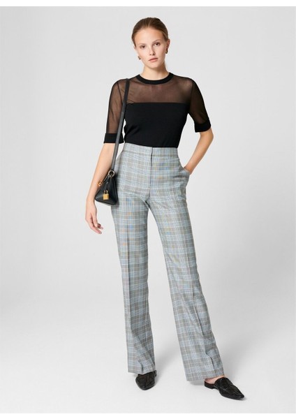 Kare Desenli Bol Paça Yüksek Bel Gri Yün ve Ipek Pantolon