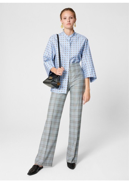 Kare Desenli Bol Paça Yüksek Bel Gri Yün ve Ipek Pantolon modelleri