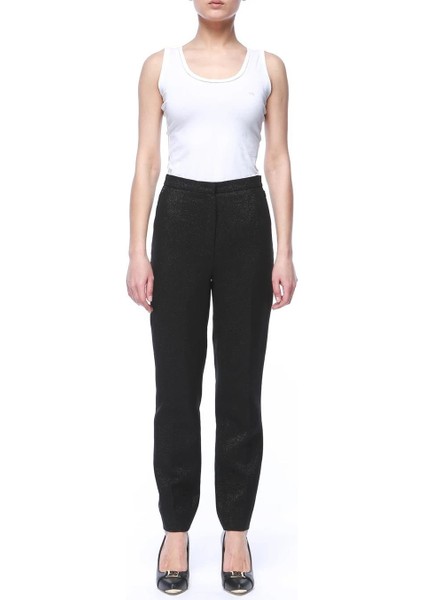 Yüksek Bel Simli Dar Paça Siyah Yün Pantolon