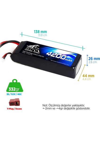 Leopard Power 4200 mAh 11.1V 3S 40C Lityum Polimer Lipo Batarya Pil T Plug