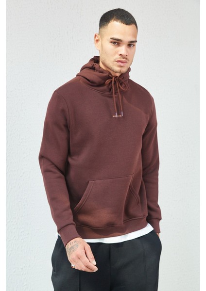 Kapüşonlu Basic Minimal Baskılı Sweat Kahve