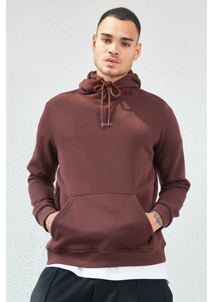 Kapüşonlu Basic Minimal Baskılı Sweat Kahve