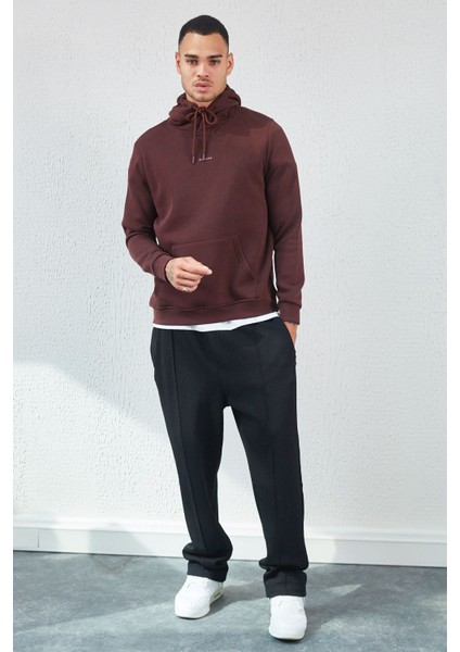 Kapüşonlu Basic Minimal Baskılı Sweat Kahve