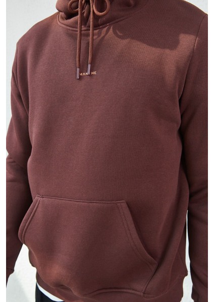 Kapüşonlu Basic Minimal Baskılı Sweat Kahve