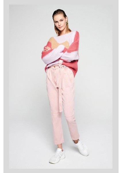 Sport Kemerli Yüksek Bel Cepli Pudra Pamuklu Pantolon