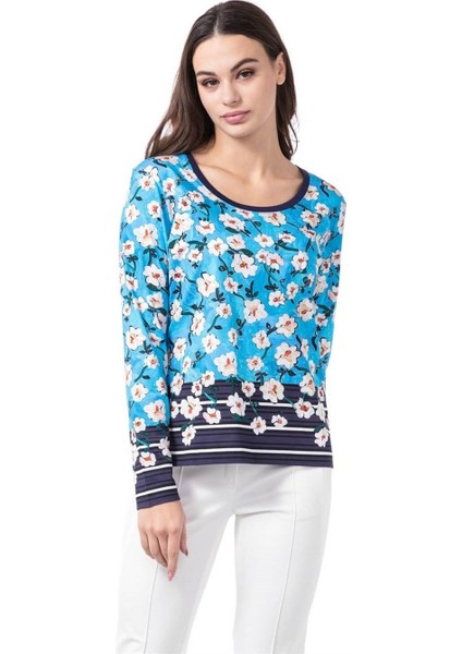 Çiçek Desenli Uzun Kol Mavi Pamuk T-Shirt
