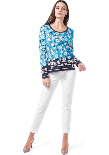 Çiçek Desenli Uzun Kol Mavi Pamuk T-Shirt fiyatları